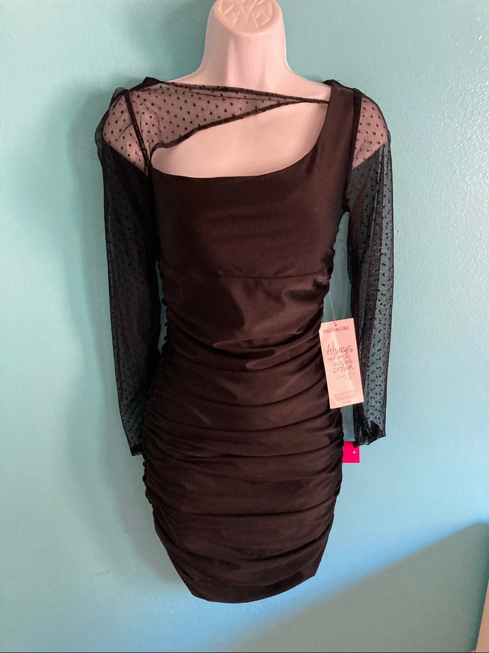 VINTAGE Deadstock NWT Atria Black Ruched Mesh Illusion Bodycon Prom Mini Dress M